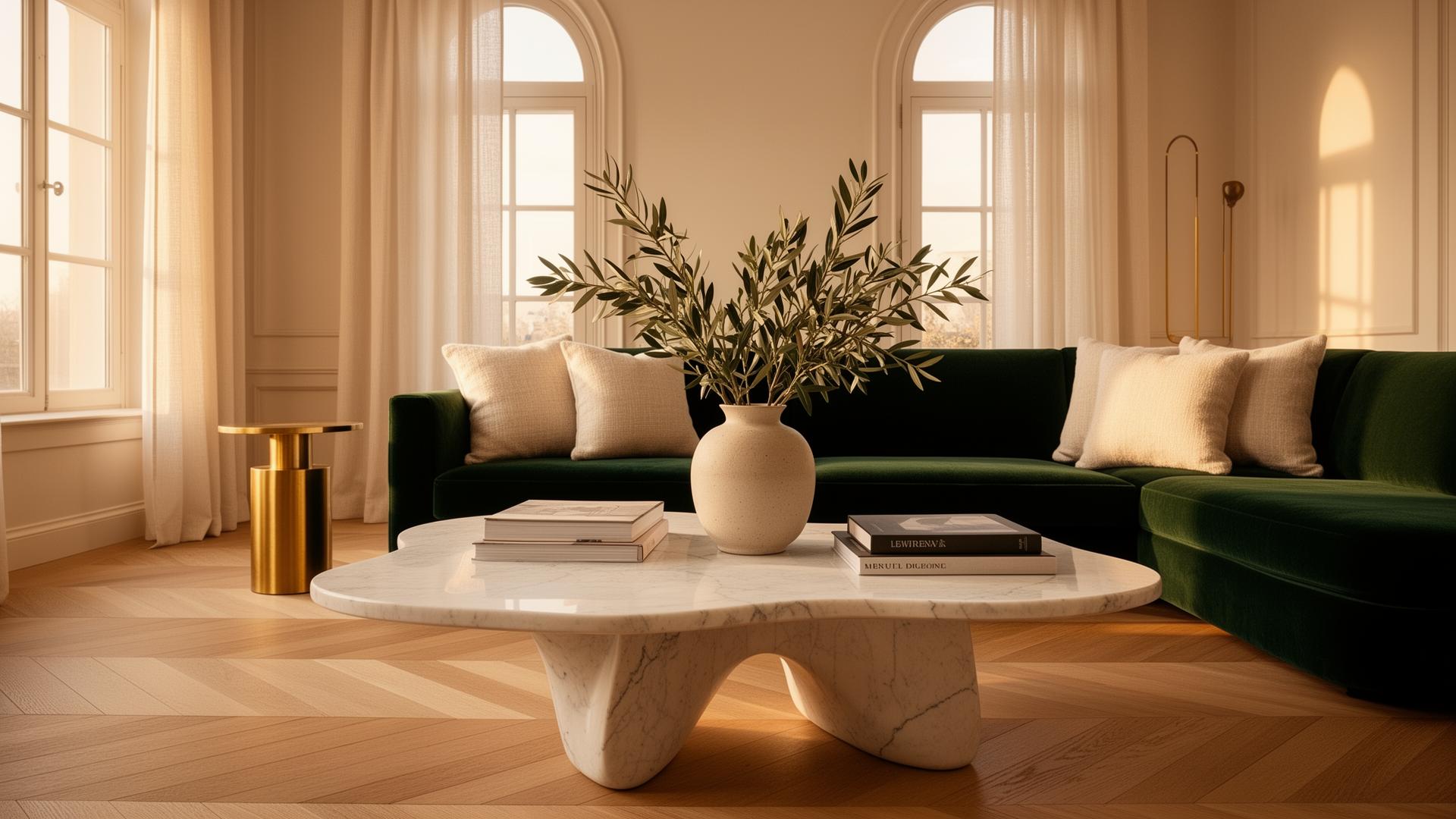 Warmly lit living room with deep green velvet sofa, marble coffee table and arched windows